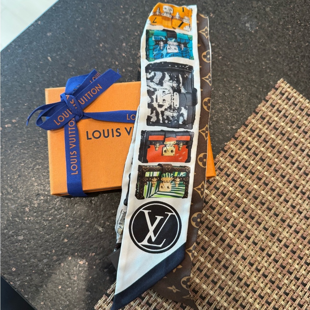 Louis Vuitton Brown Monogram Silk Twilly with Multicolor Trunk Prints